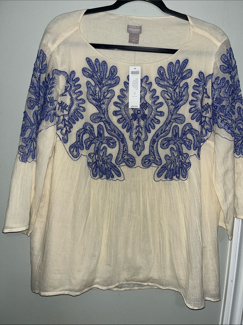 Chico's Cream Tunic with Blue Embroidered Motif